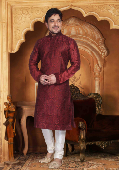 Brown with White Color Silk Kurta Set